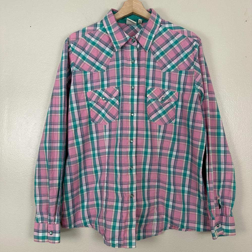 Rockies Women's XXL Western Shirt Pink Teal Plaid Pearl Snap Cowgirl